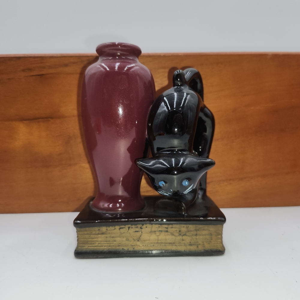 Vintage Redware Black Cat W/ Bud Vase on book bookend Made In Japan - Picture 10 of 10